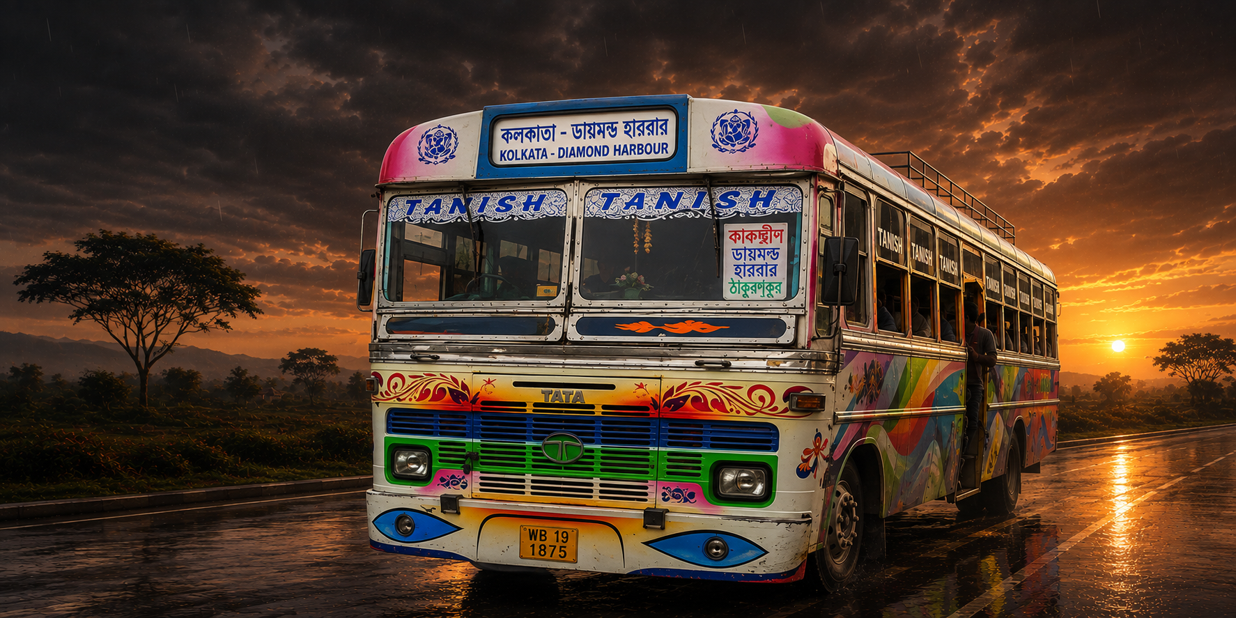 Painted Tata bus, Kolkata to Diamond Harbour route, at sunset